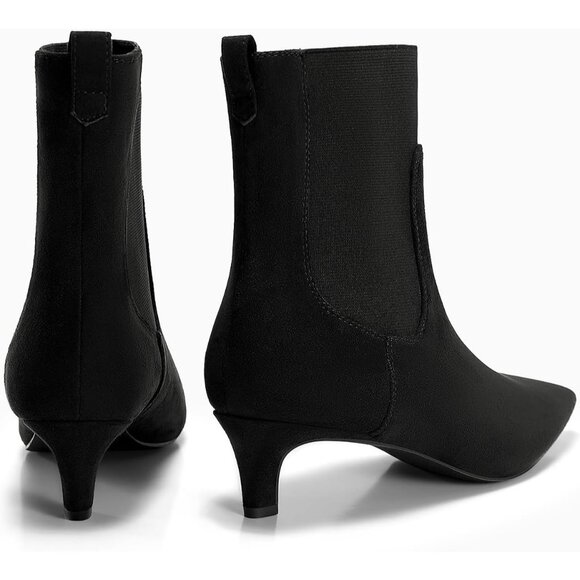 Women's Black Ankle Low Kitten Heel Pointed Toe Slip On Dressy Winter Booties - Picture 5 of 6